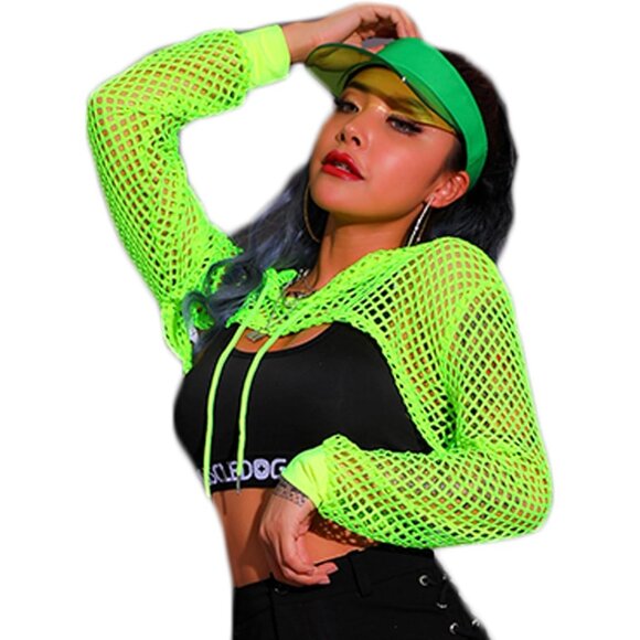 🆕Women’s Green Mesh Hoodie Crop Top Long Sleeve Fishnet Shirt Polyester - Picture 1 of 7